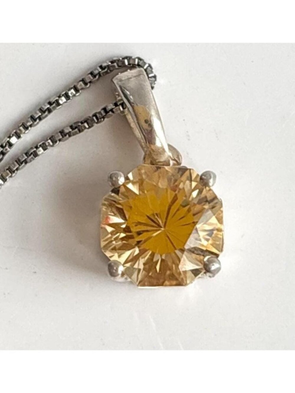 Citrine Gemstone Box Chain Sterling Silver 925 Vintage Pendant Necklace - 19"
